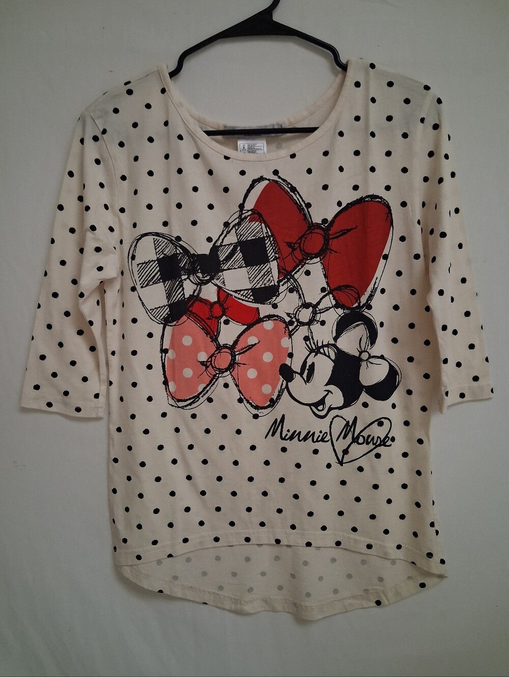 ​Disney Minnie Mouse Graphic Polka Dot 3/4 Sleeve High Low Top Size S